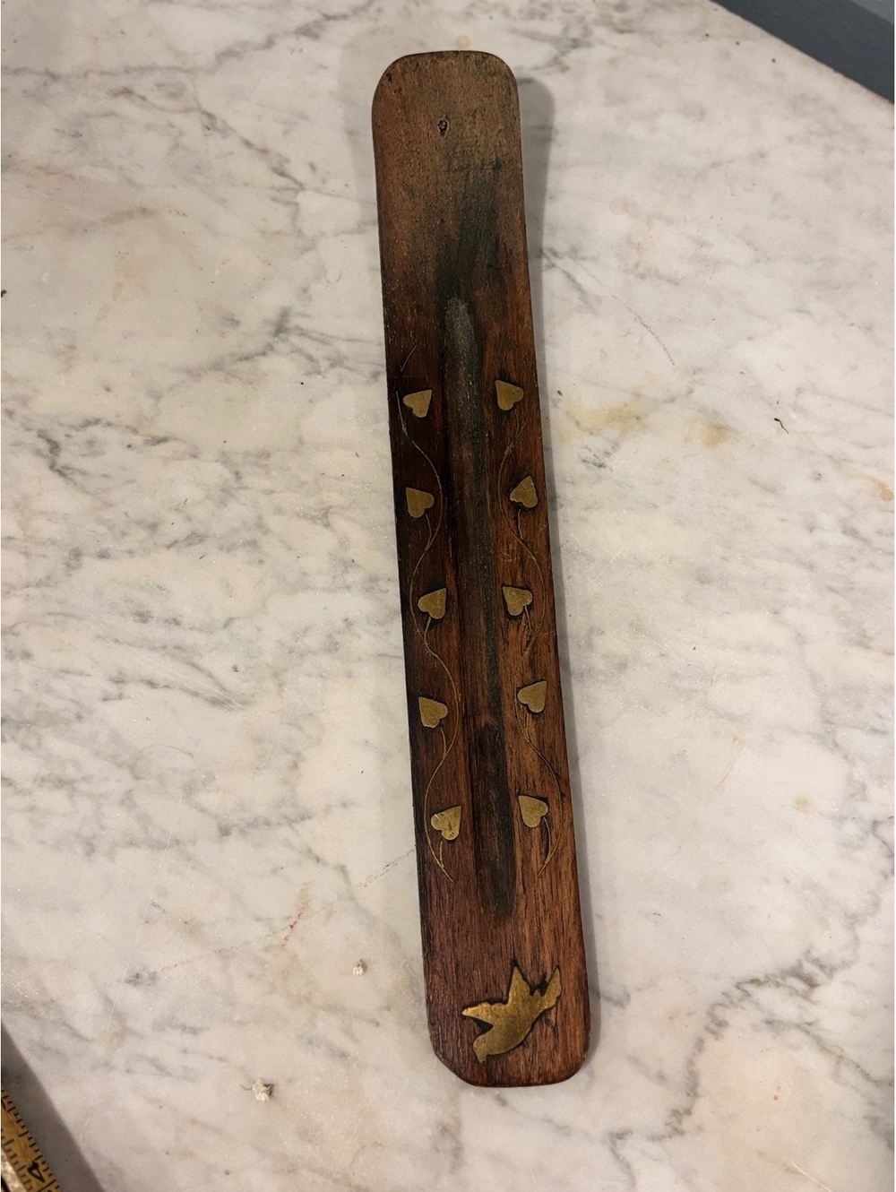 Vintage Wooden Incense Holder with Brass Inlay Design and Bird Motif